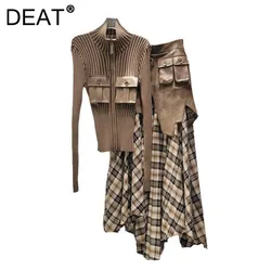 DEAT Women's Slim Zipper Pu Pockets Vintage Cardigan Irregular Brown Plaid Print Long Skirt 2024 New Fashion Autumn 11A01679