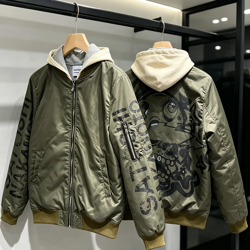 SATOSHI NAKAMOTO Men Women Army Green Detachable Hood Bomber Jacket Sleeve Letter Print Loose Casual Coat