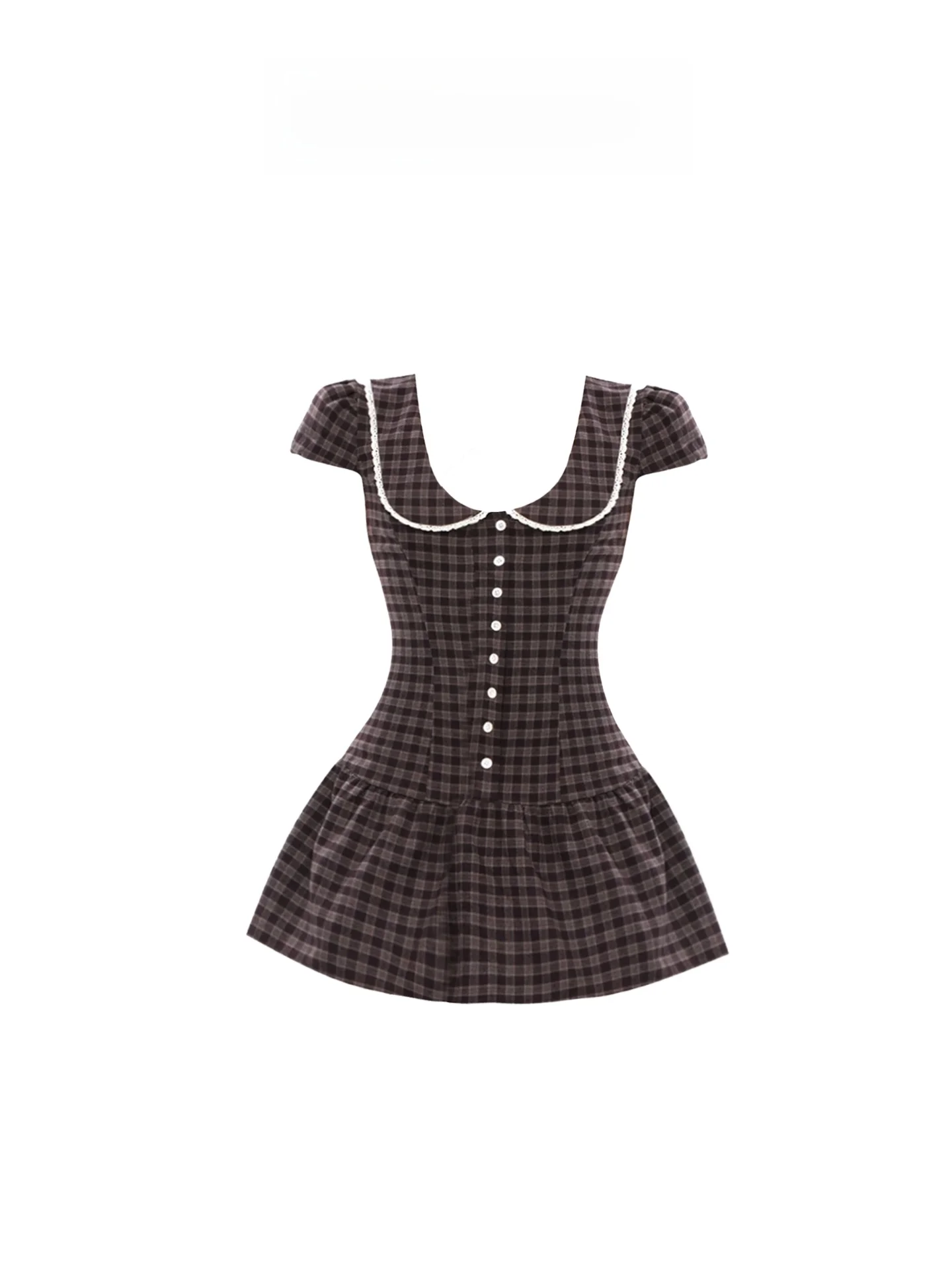 

HEZA American Retro Plaid Doll Collar Dr Women's Sweet Youth Slimming A-Line Skirt ort Sve Spring Summer Dr