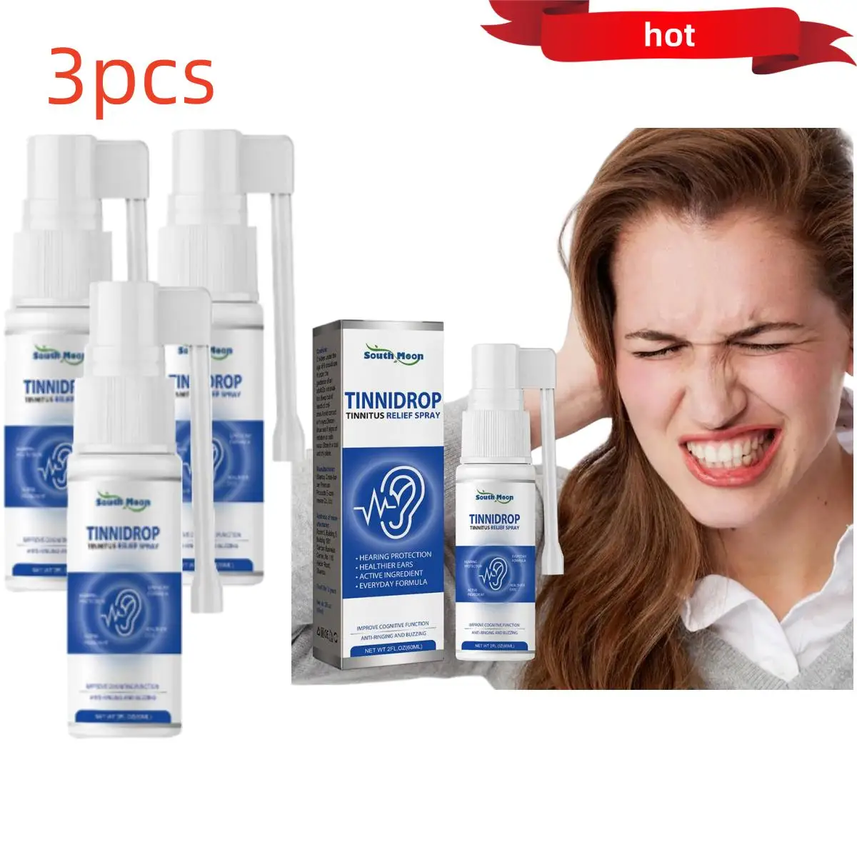 60ml 3Pcs TinniDrop Tinnitus Relief Spray Ear squillo alleviare le gocce per il suono dell'acufene prurito mal d'orecchie assistenza sanitaria cerume