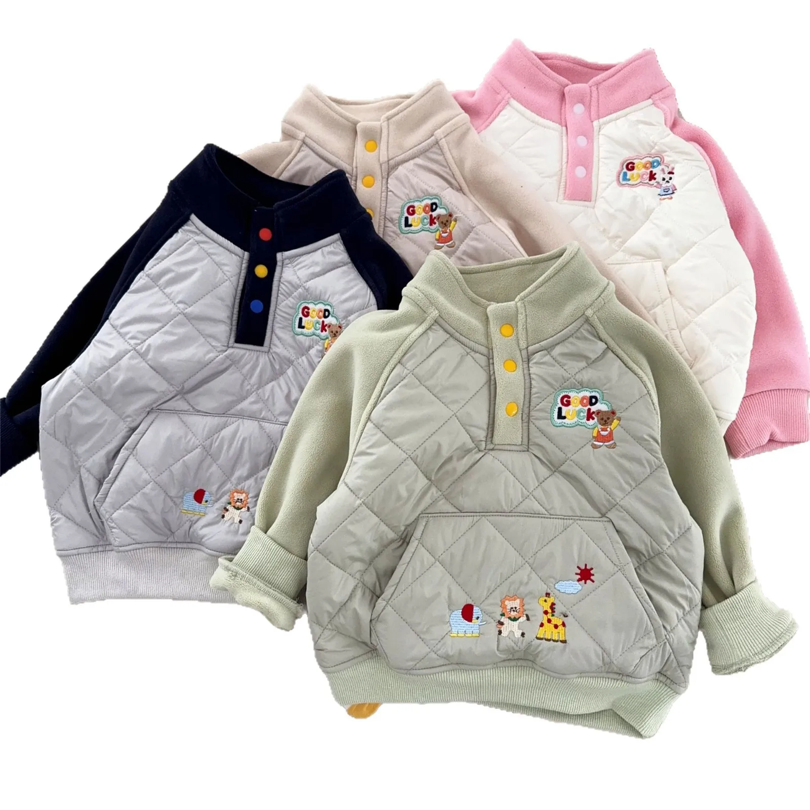 2025 شتاء ياباني جديد للأولاد والبنات حسن الحظ الوقوف طوق طبقة مزدوجة سميكة المخملية الدافئة هوديي غير رسمي معطف فضفاض