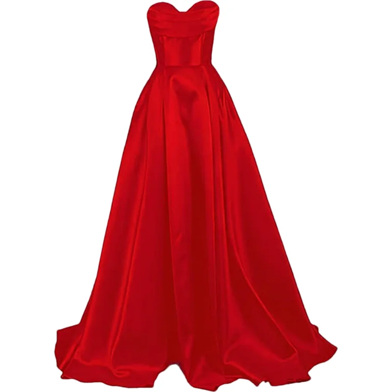 فساتين حفلة موسيقية من الساتان بدون حمالات على شكل قلب مخصصة للنساء طويلة على شكل حرف A مشد رسمي للحفلات المسائية مع جيوب #1