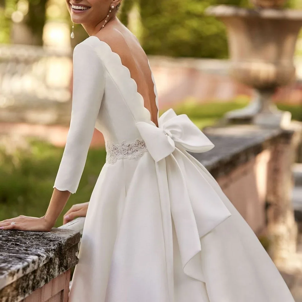 Elegant Wedding Dresses Backless Bow Draped O-Neck Three Quarter Sleeve Chapel Train Princess Gowns vestidos de novia 2025