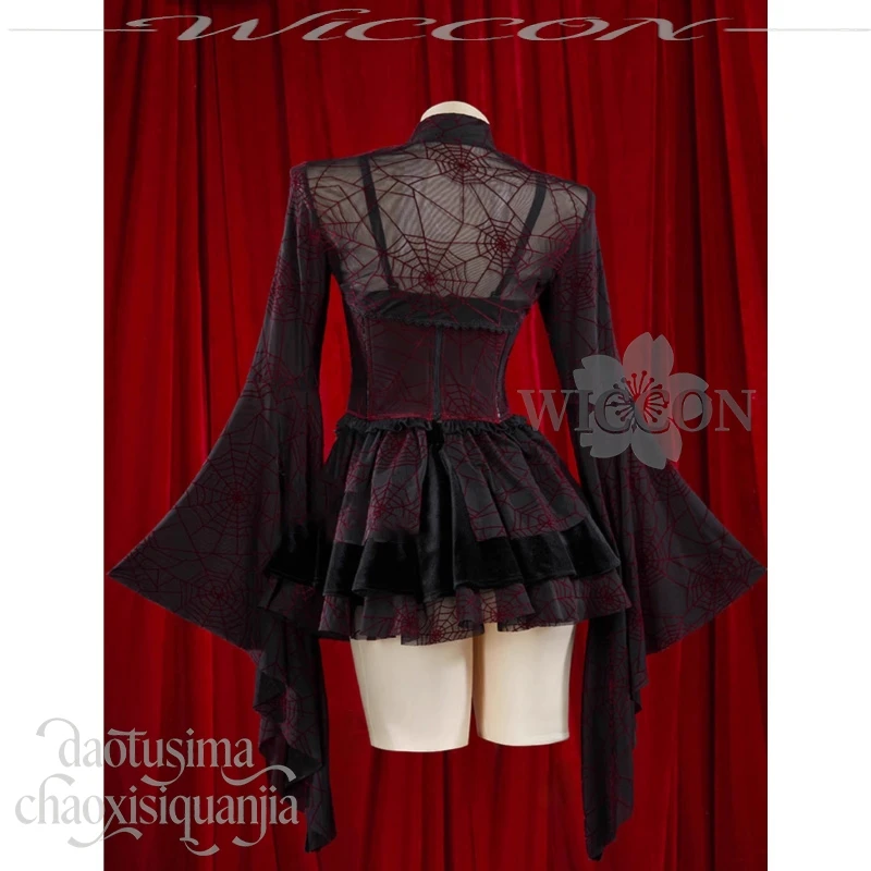 فستان Jirai Kei Gothic قصير أحمر أسود مخملي بحزام شبكي عنكبوت تصميم أصلي للفتيات ملابس أنشطة الهالوين وأعياد الميلاد