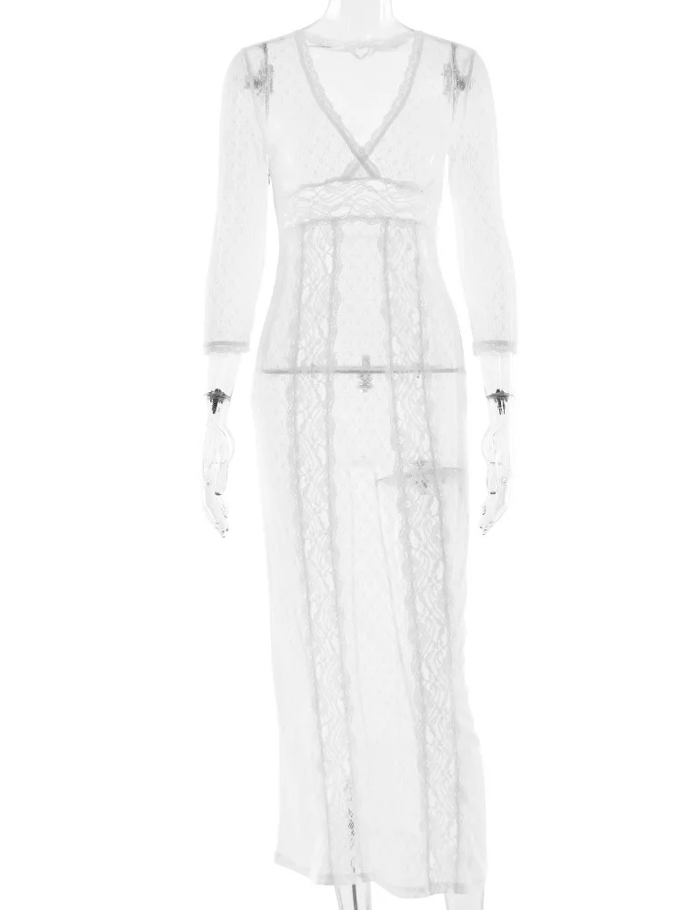 Articat delle nuove donne del merletto trasparente con scollo a V vestito delle donne di tendenza della moda sexy elegante manica lunga abito lungo autunno inverno abiti