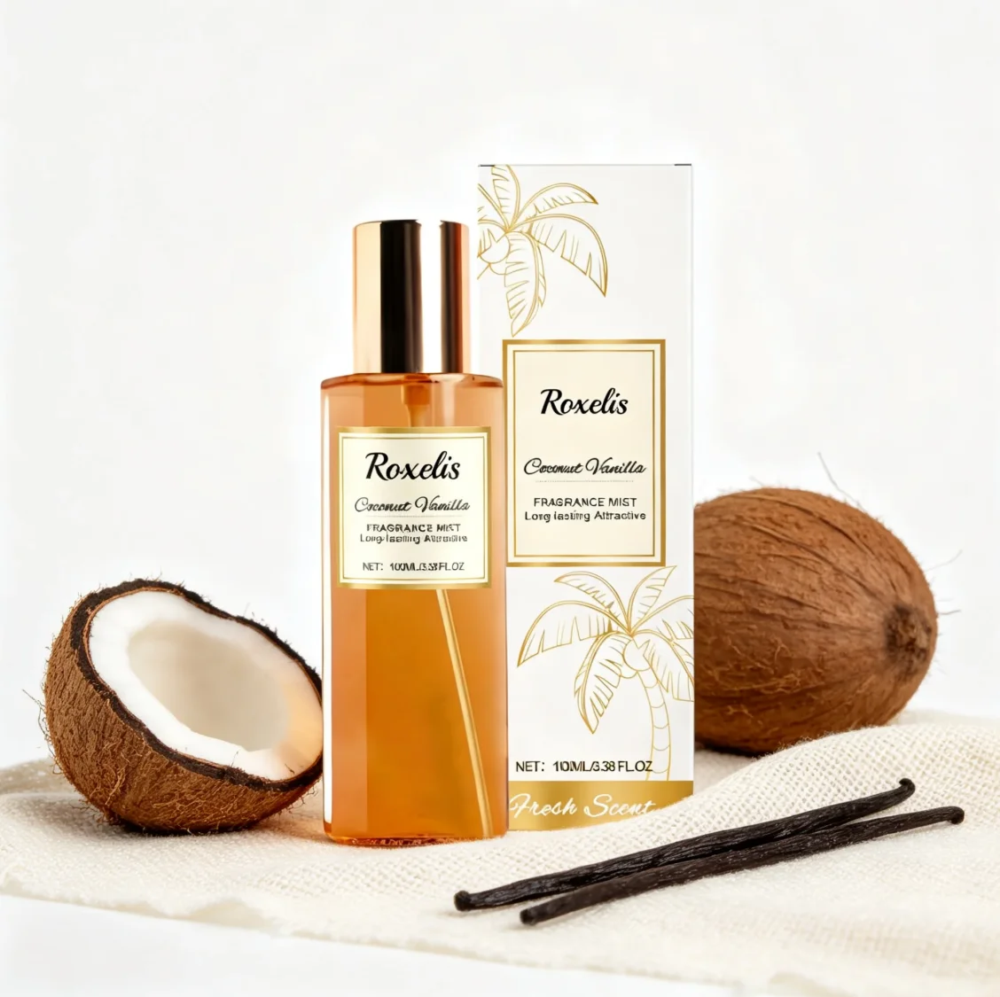 

ROXELIS Coconut Vanilla Fragrance Mist - Eau Fraiche Body & Hair Spray, Sweet Coconut & Warm Vanilla Scent, Mist for Women,