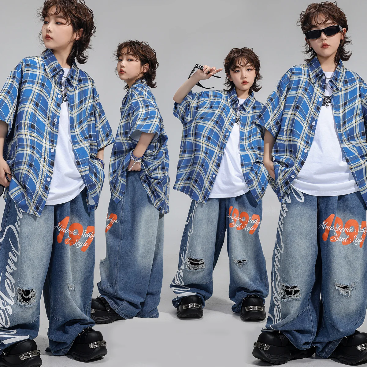 

Boys K-pop Clothing Plaid Shirt Street Dance Cargo Pants Girl Hip Hop Streetwear Kids Clothes Set Children Loose Jazz Costume