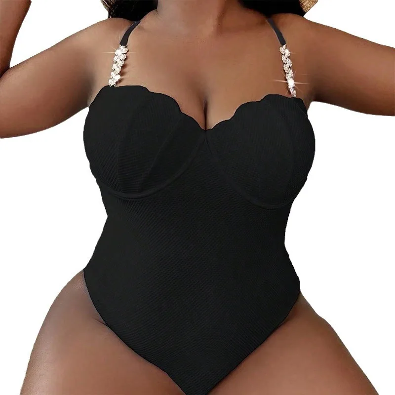 One-piece Swimsuit for Women with Steel Support, High-end Bikini with Diamond Straps, Large Size Plus Size Swimsuit Beachwear