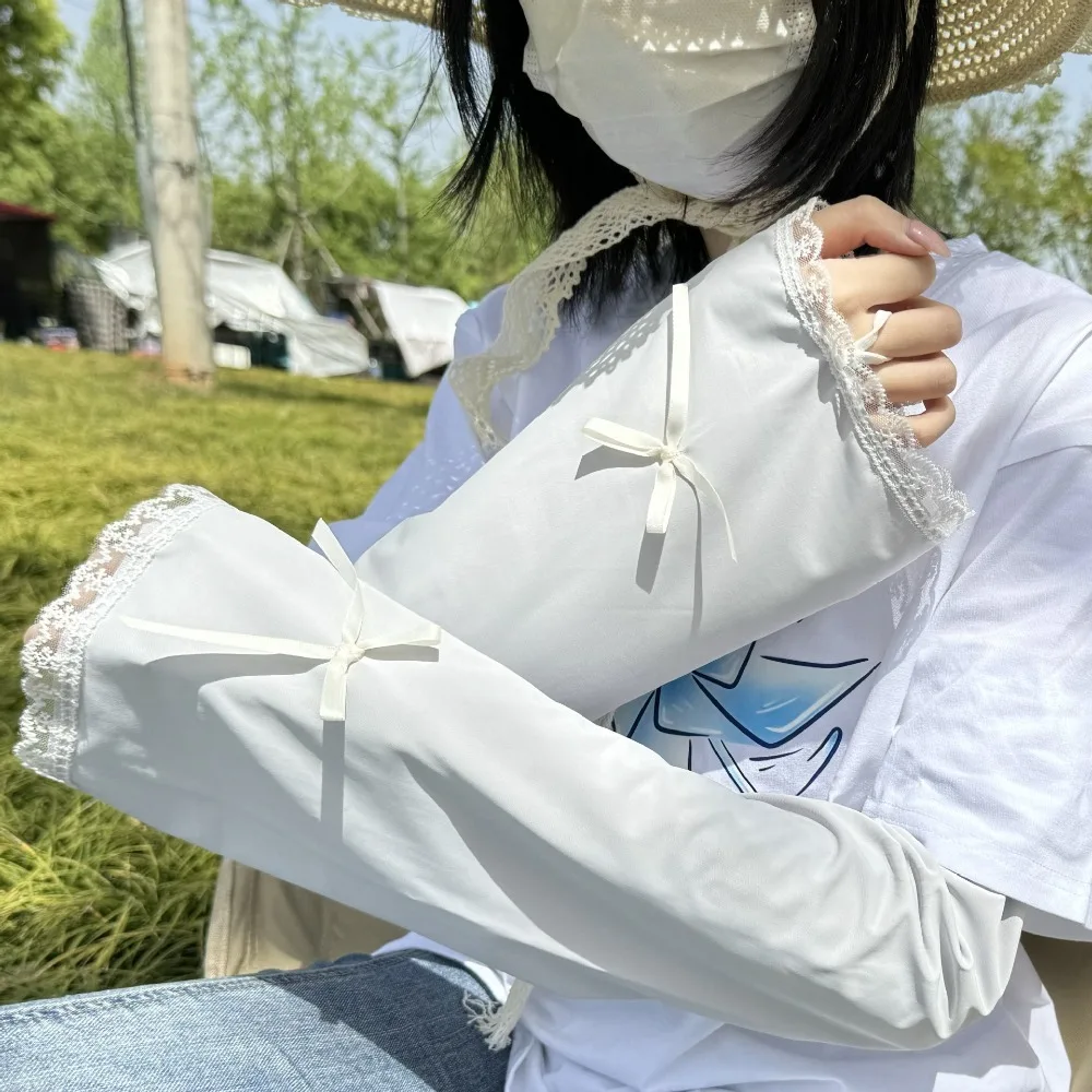 الحلو القوس الحرير الجليد أكمام أذرع تبريد متوهج الأشعة فوق البنفسجية حماية واقية من الشمس أكمام أذرع تبريد بلون الدانتيل الكفة الدراجات غطاء للذراع فتاة