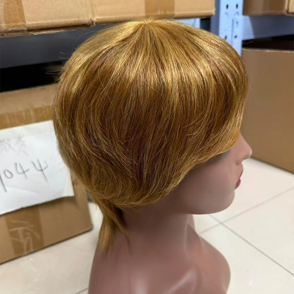 P4/27 Highlight Pixie Cut Wigs Human Hair Brazilian Virgin Hair Straight Layered Cut Full Machine Made Wigs Cosplay for Women
