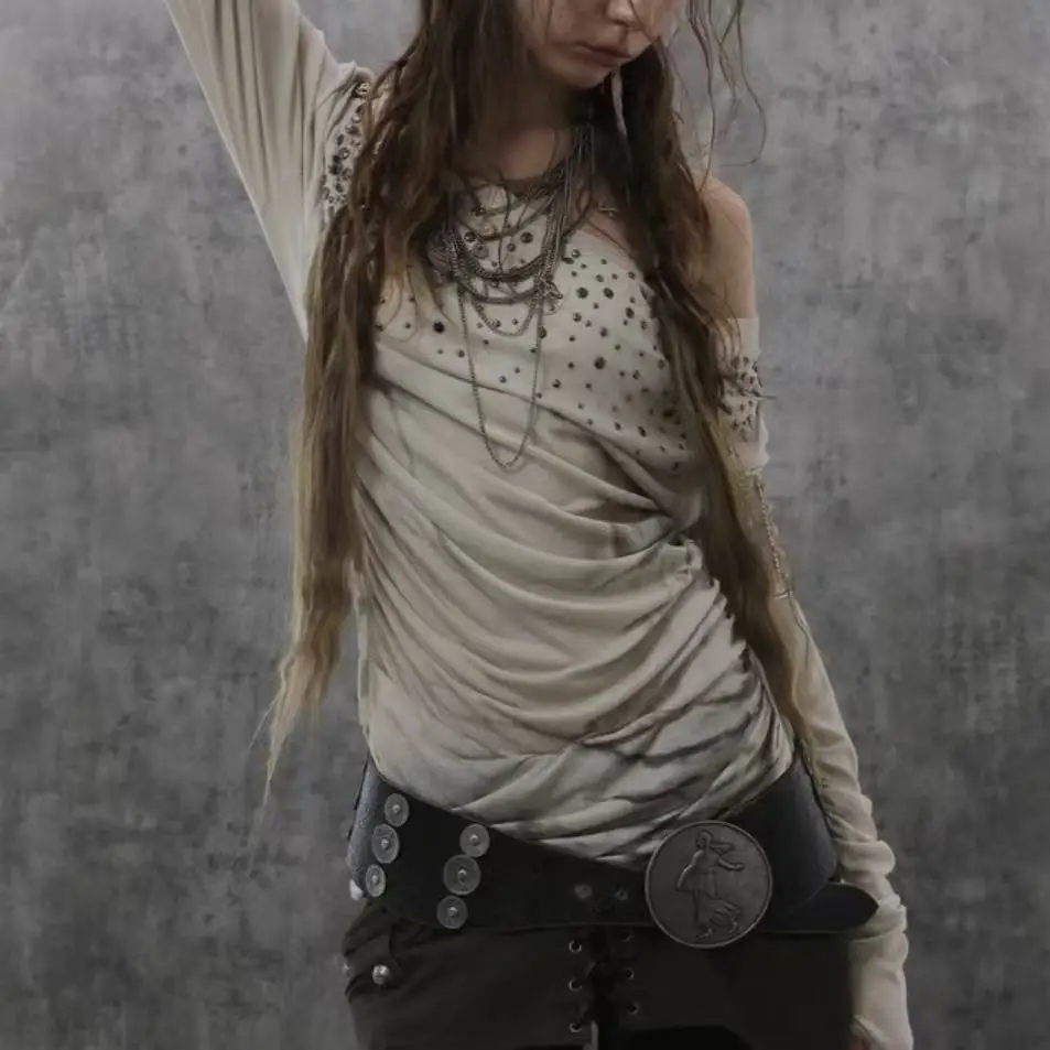 

Women's Vintage Gothic Rivets Top - Off Shoulder Ruched Long Sleeve Shirt, Edgy Punk Streetwear with Metal Studs Spring Autumn