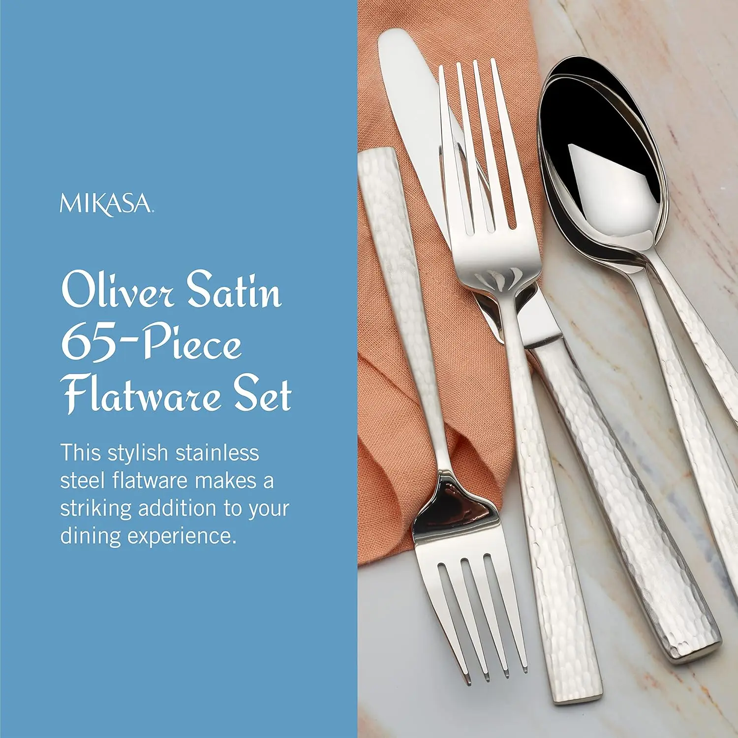 Flatware Set, 65-Piece Service for 12, 18/10 Stainless Steel Silverware with Hammered Design and Satin Finish view 4