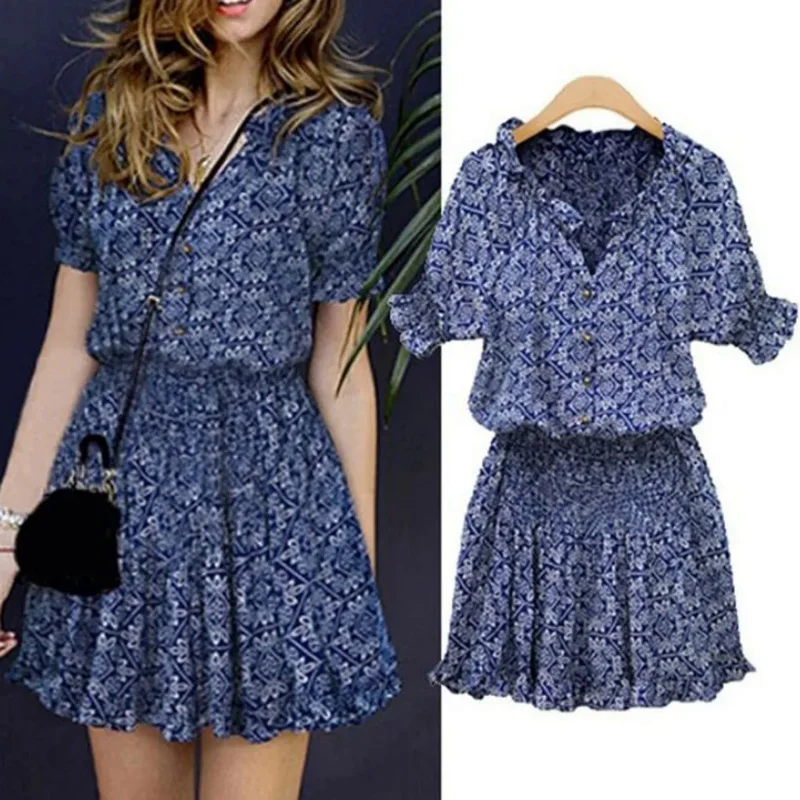 Business dress with pockets women Mini casual floral short v-neckline sleeve print summer dress women's winter for women dresses