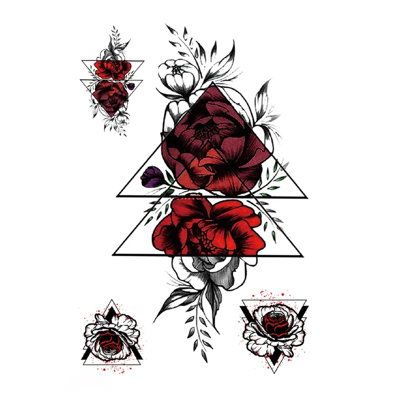 

Big Red Rose Triangle Tattoo Sticker Lady Tatuajes Temporales Waterproof Temporary Fake Tattoo Body Feminino Men Seleeve Tatoo