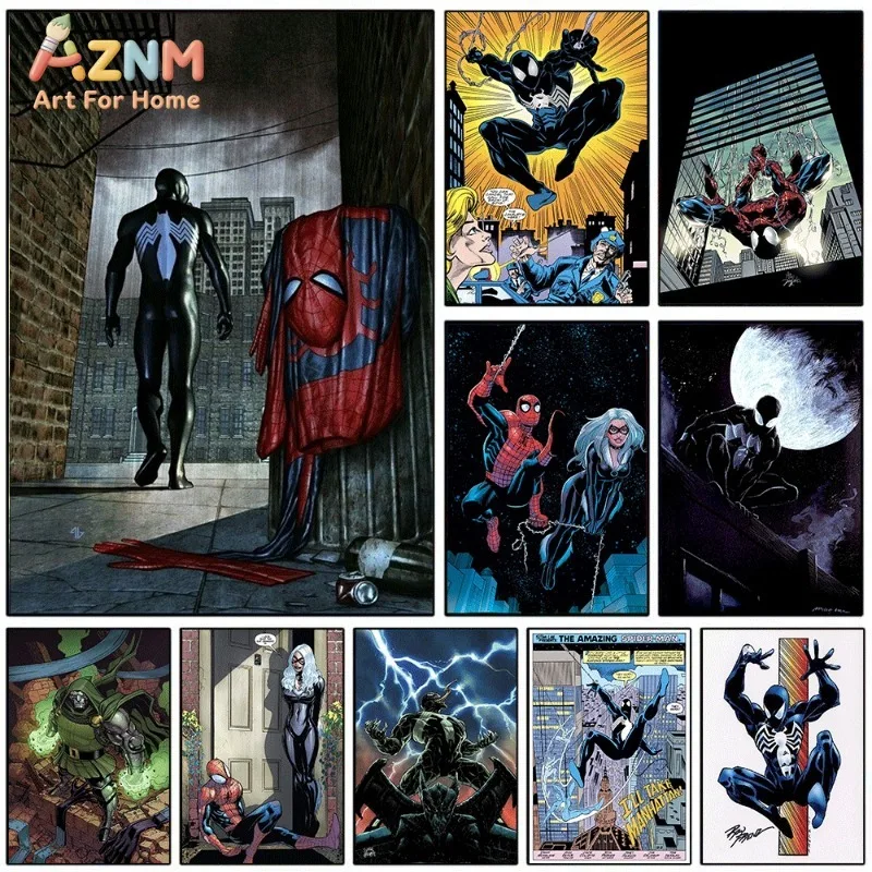 Black Suit Spider Man Comic Collage Canvas Wall Art Superhero Poster For Bedroom Living Room Home Background Decoration Unframed