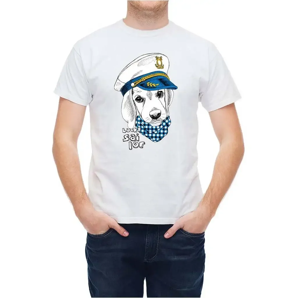 Funnny Cute Sailings Dog Captain Lucky Sailor T-Shirt 100% Cotton O-Neck Summer Short Sleeve Casual Mens T-shirt Size S-3XL
