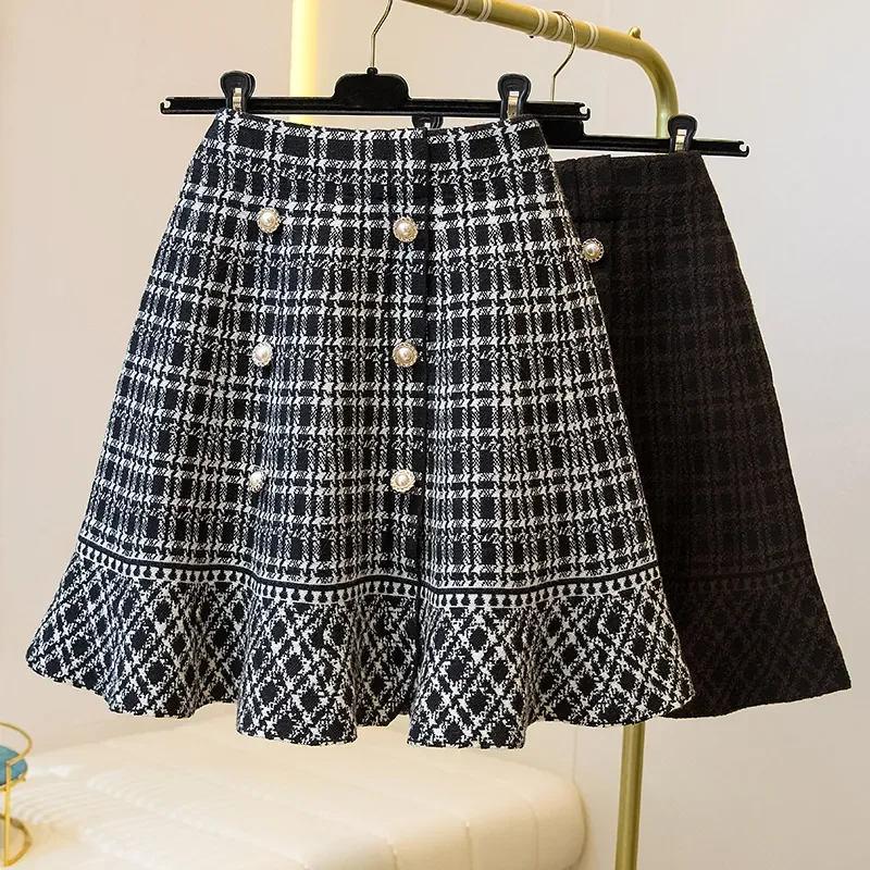 New Plaid Knitted Midi Skirt for Women, Autumn and Spring, Slim and Beautiful, Elegant A-line Fashion Short Skirt