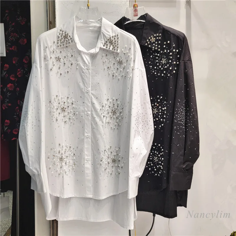 Heavy Embroidery Hot Drilling Beaded Loose Long-Sleeved White Blouse Women's Design Casual Breasted Shirt Autumn Top