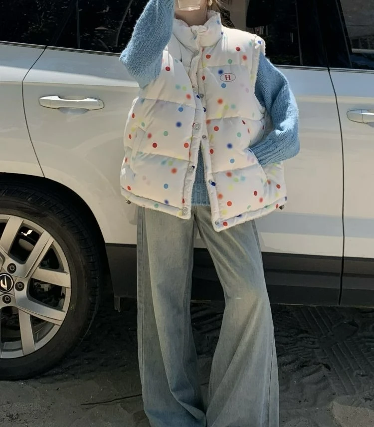 水玉模様リバーシブルラムウールコットンベスト レディース 2025秋冬デザイン ルーズ厚手コットンジャケット