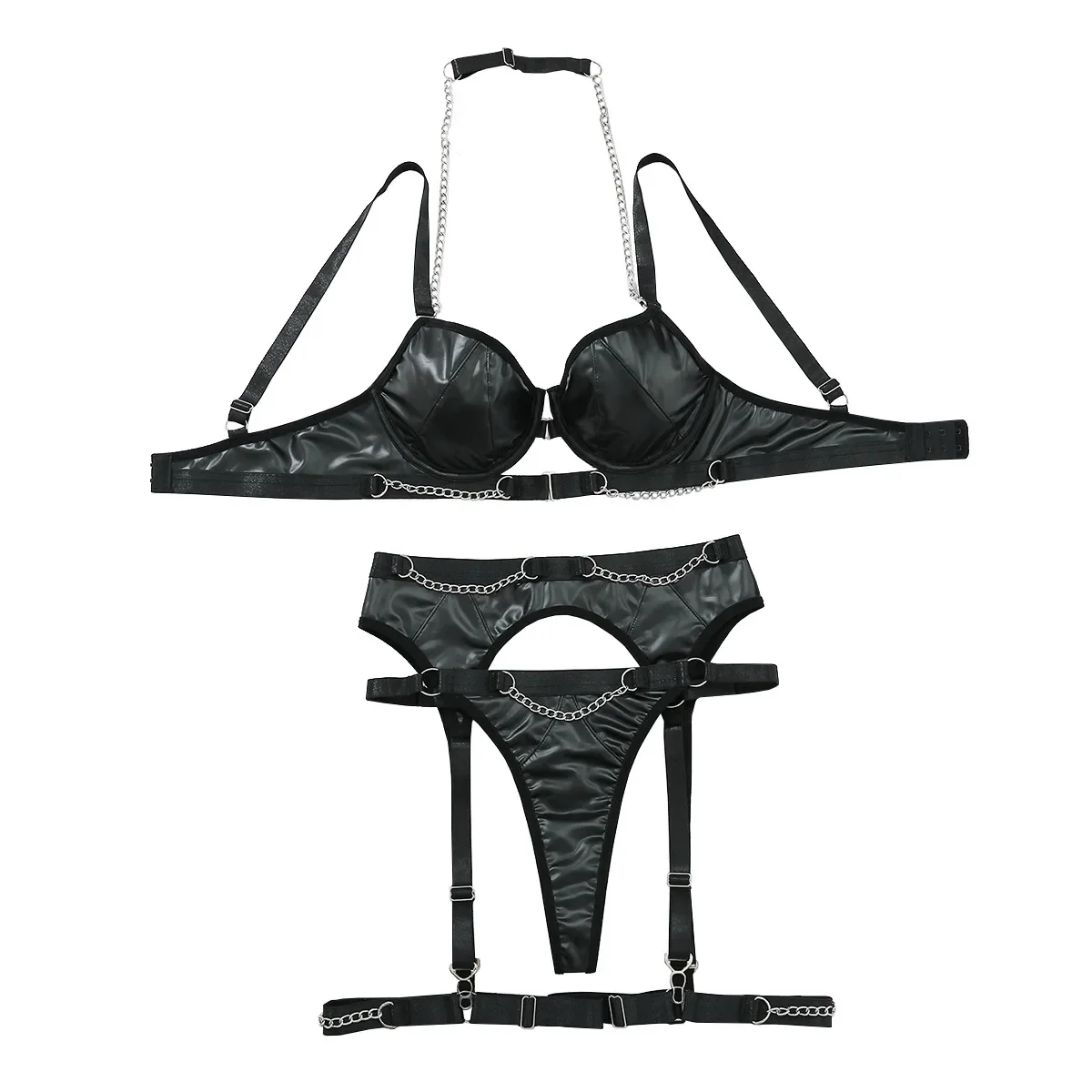 Novo divertido conjunto de sutiã de couro patente europeu e americano corrente de metal sexy reunindo roupa interior conjunto de quatro peças lingerie sexy terno do corpo