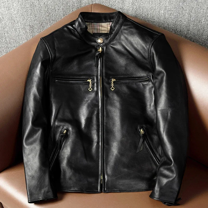 

shipping.Wholesales YR!Free black slim fit Classic rider style real leather coat.J100 soft sheepskin jacket.Men fashion cloth