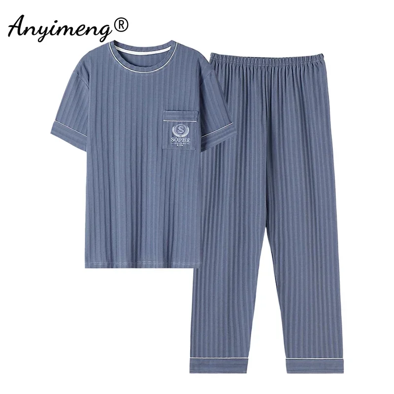 Pyjama en coton tricoté pour hommes, ensemble de nuit de luxe, grande taille, manches courtes, pantalon Long, mode élégante, vêtements de nuit, loisirs