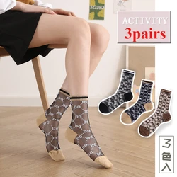 3pairs/lot Luxury Crystal Women's Medium Tube Socks Thin Breathable Female Socks Japanese Glass Silk Tide Socks Wholesale