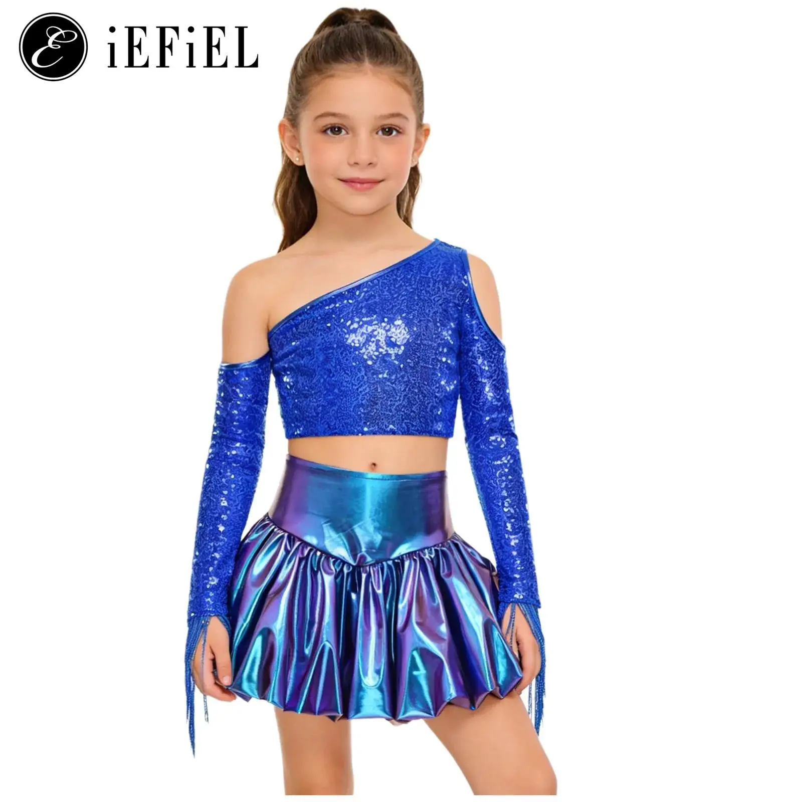 Traje de baile de Jazz Hippie de discoteca metálico para niñas, Top corto de lentejuelas con un hombro y faldas de burbujas, conjunto de desfile brillante