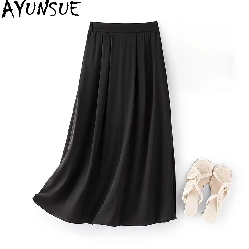 

AYUNSUE 93% Silk Women's Skirts High Waist Skirts for Women Mid-length A-Line Black Skirt Summer Clothes for Woman Юбка Женская