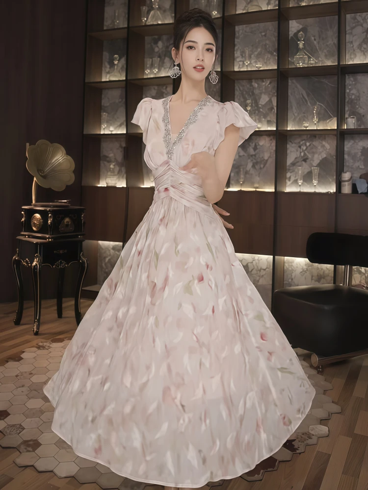 

Floral Print V-Ne Dr Korean Sle A-Line Long Skirt Slimming ort Sve mid Waist Design Summer Performance Dr