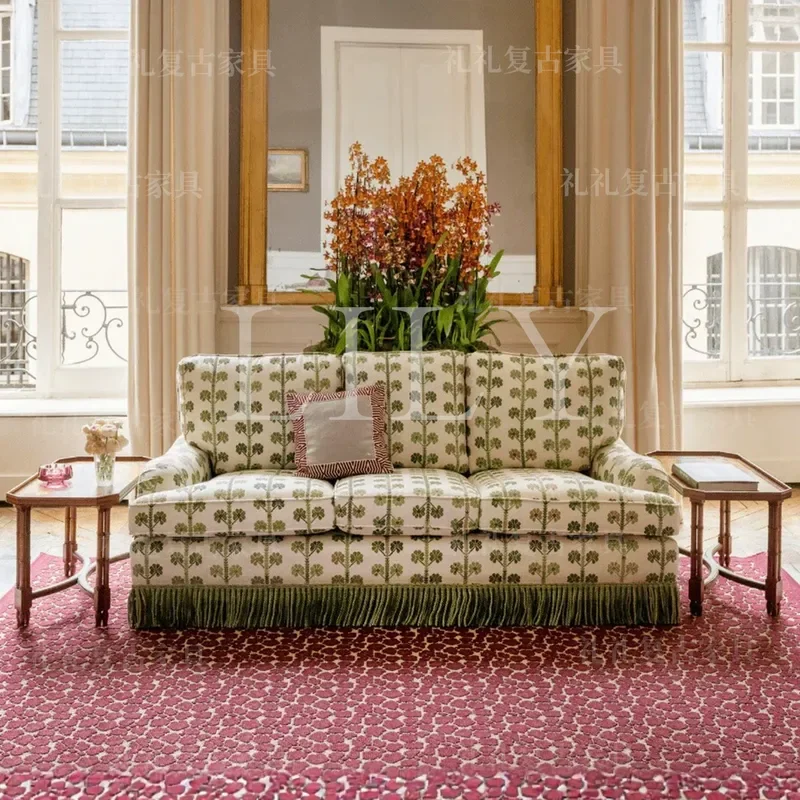 Retro Tassel Printed Fabric Sofa Solid Wood Frame Compact Couch for Small Apartment Living Room Bedroom Furniture