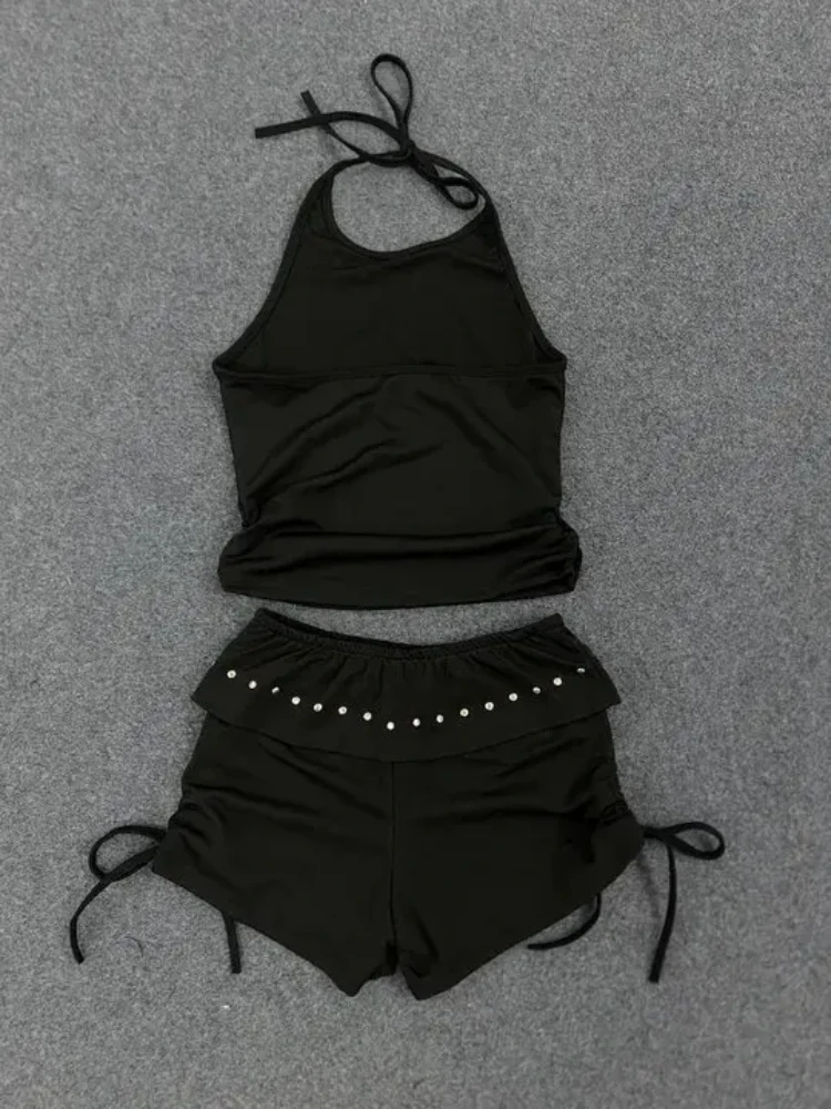 Harajuku estética calle clásico cordón tres partes pantalones cortos moda versátil sólido cuello corbata Metal Rhinestone chaleco ajustado conjuntos