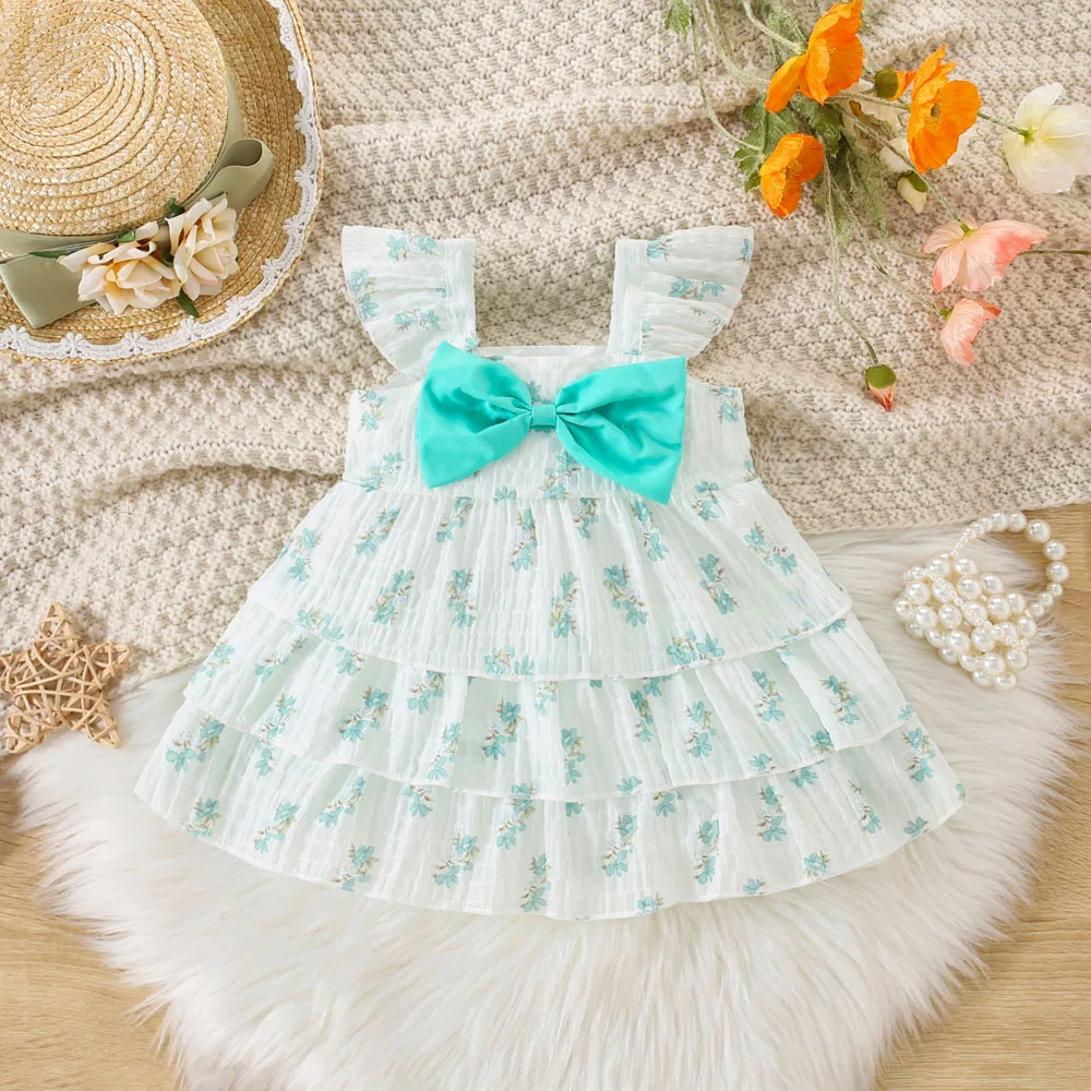 Summer Baby Girl Dress, Floral Bow, Thousand Layer Princess Dress, Cute Little Flying Sleeve Girl Princess Dress