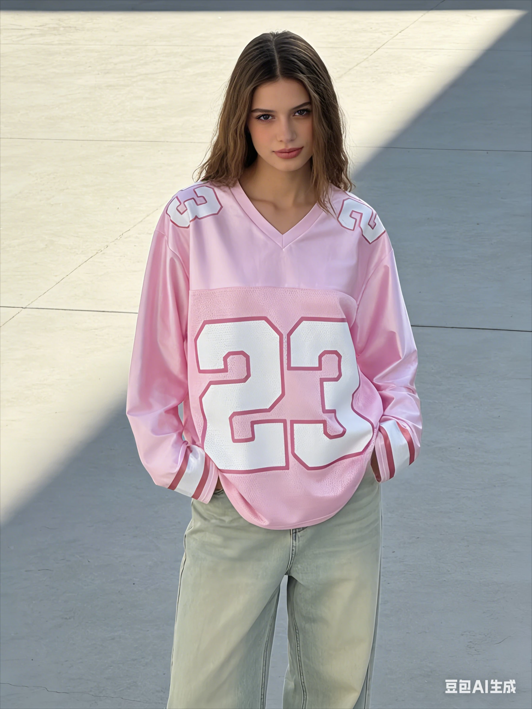 American Men's and Women's Styles Pink V-neck Long Sleeved T-shirt Top Number NO.23 Print Loose Comfortable Exercise Top T-shirt