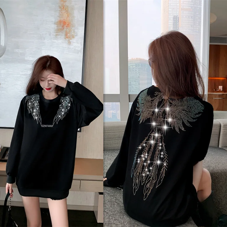 CNACNOO Autumn Female Streetwear Sweatshirt  Plain Gothic Graphic Tops Rhinestone Hippie Y2k Clothes for Women Black Pullover