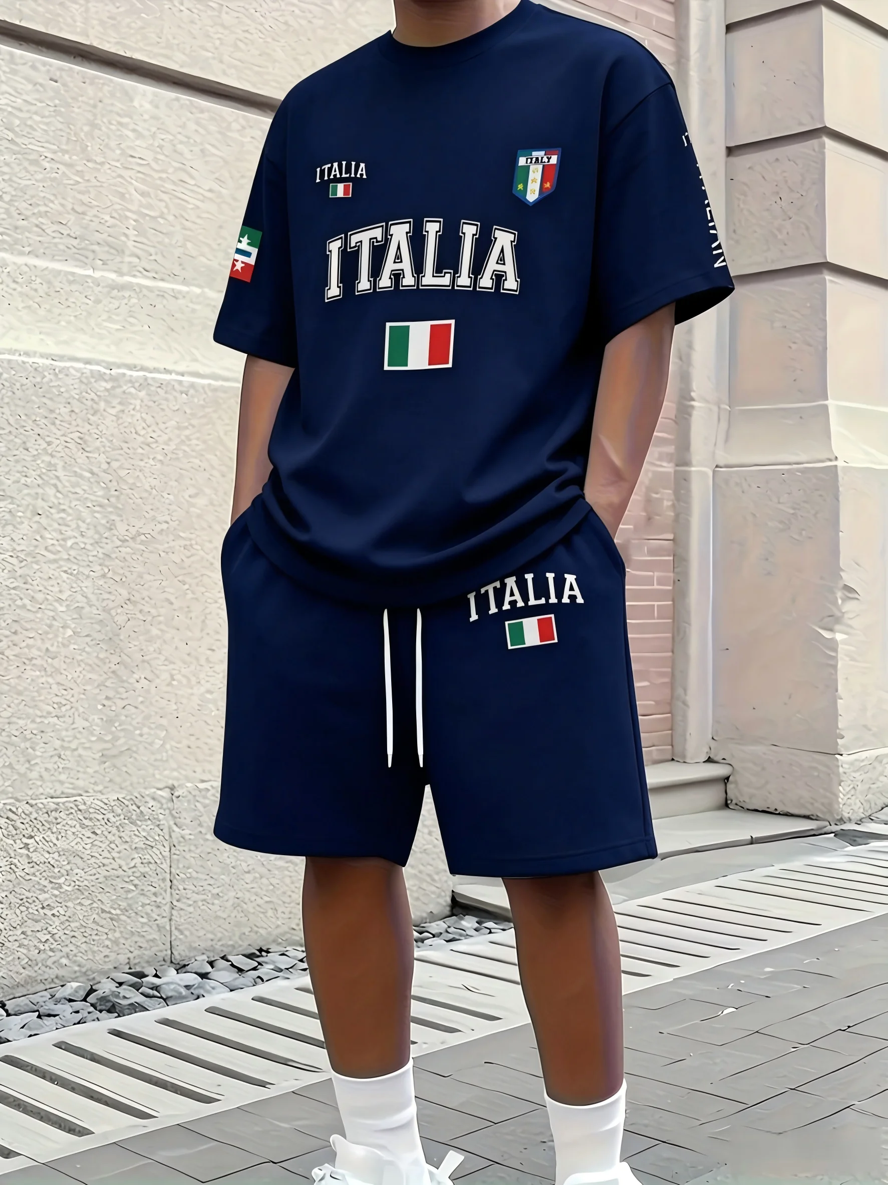 

Men's Summer Fashion Italian Letter Printed Comfortable Breathable Round Neck T-shirt Drawstring Shorts Set Outdoor Street Wear