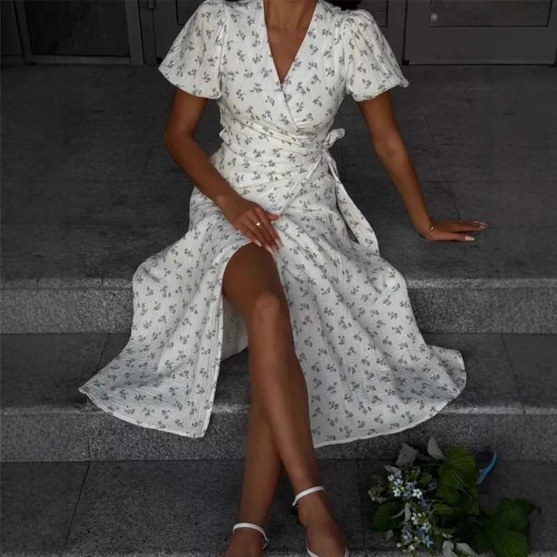 

Summer Sweet Floral Dress Pure Cotton Crepe Print Lace-up V-neck Fashion Long Dress