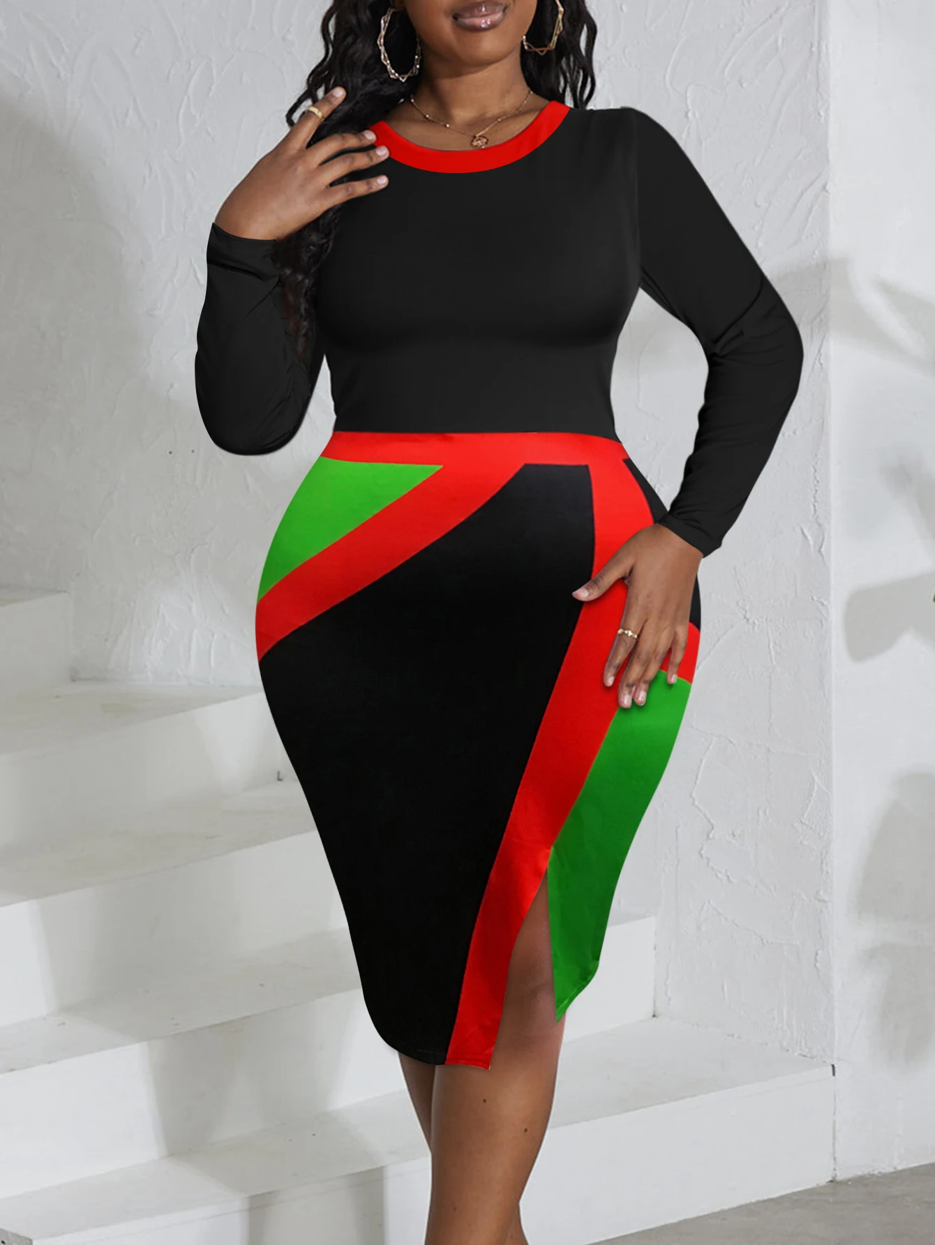 

LW BASICS Plus Size Lump Patchwork Slit Bodycon Dress Spring Long sleeve midi dress office Elegant lady dress Fashion vestido