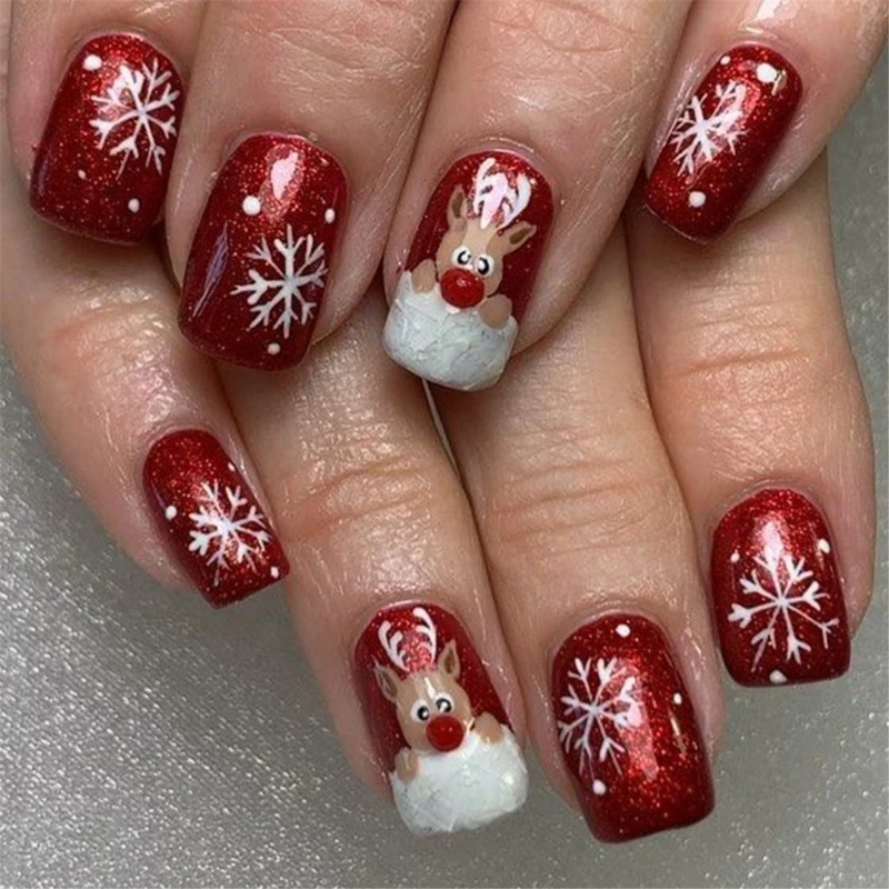 E1YE – ongles artificiels en forme d'élan dessin animé, à pression noël, en acrylique scintillant, flocon neige blanc,