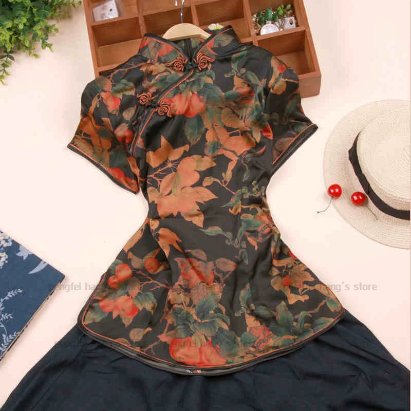 Satin Qipao Top Lady Elegant Blouse Flower Print Cheongsam Shirt Tradition Chinese Style Tang Clothes Summer Autumn New Costume