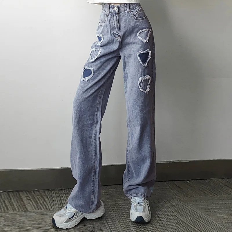 Summer Y2K Heart-shaped High-waist Straight-leg Cut-out Ripped Jeans Women's Korean Slim-fit Trousers Casual Pants Streetwear