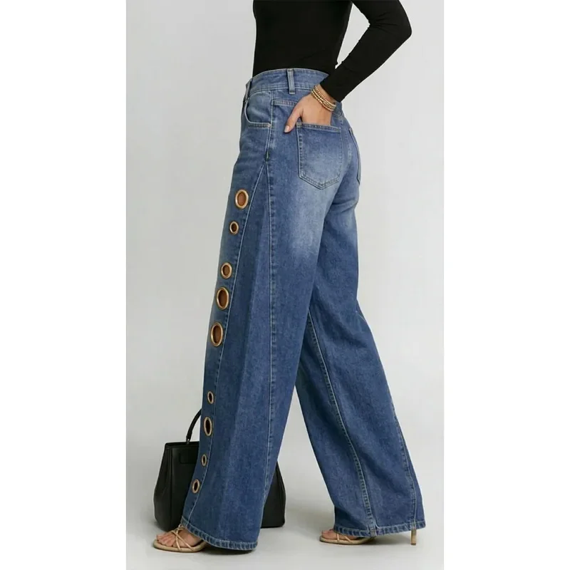 Missuoo Women's 2026 New Washed Blue High-Waist Metal Grommet Wide Leg Jeans, Casual Loose Fit Streetwear Pants for Daily Wear - Image 5