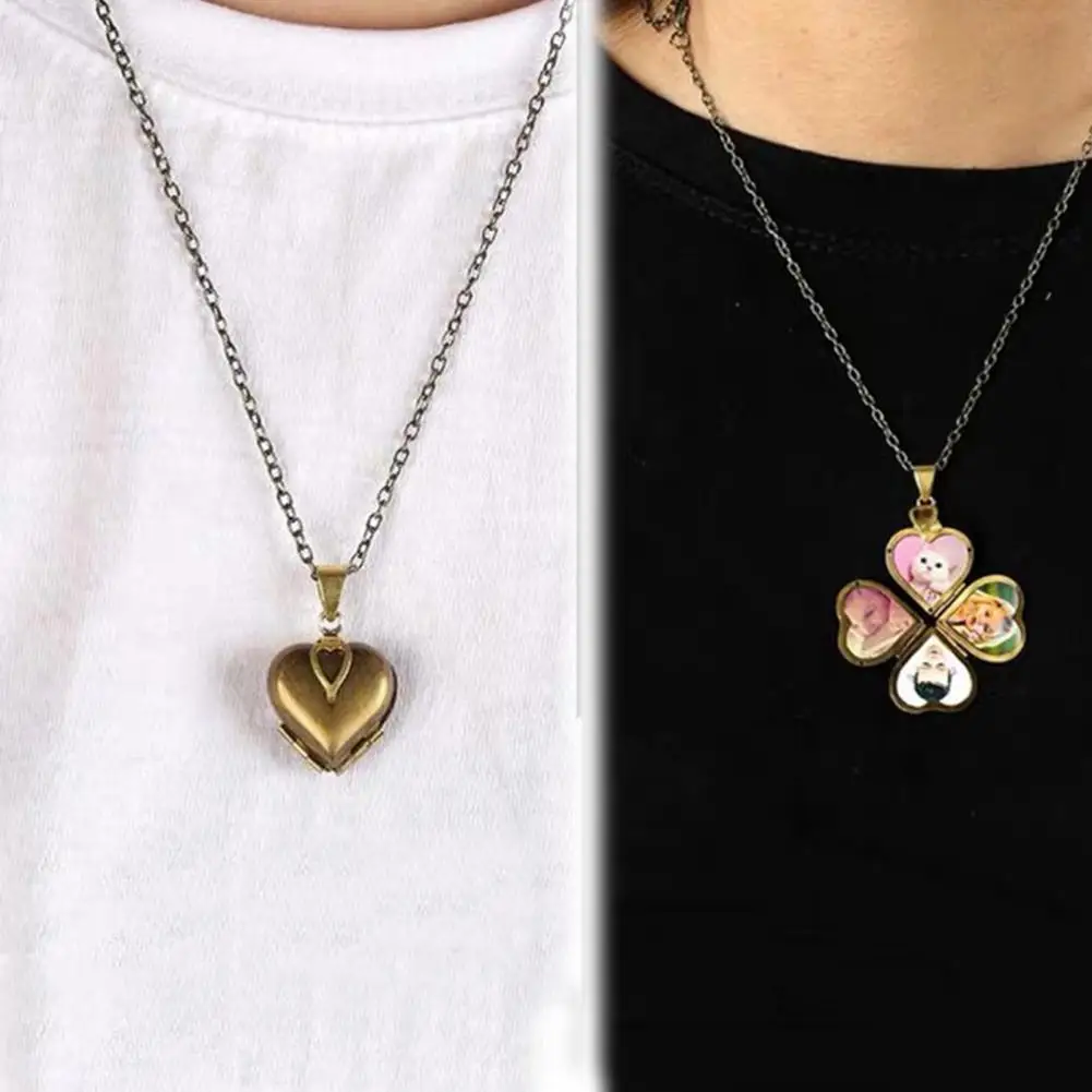 Collar de la Amistad Personalizado con Colgante de Corazón y 4 Portafotos, Amuleto de Trébol de Cuatro Hojas Dorado