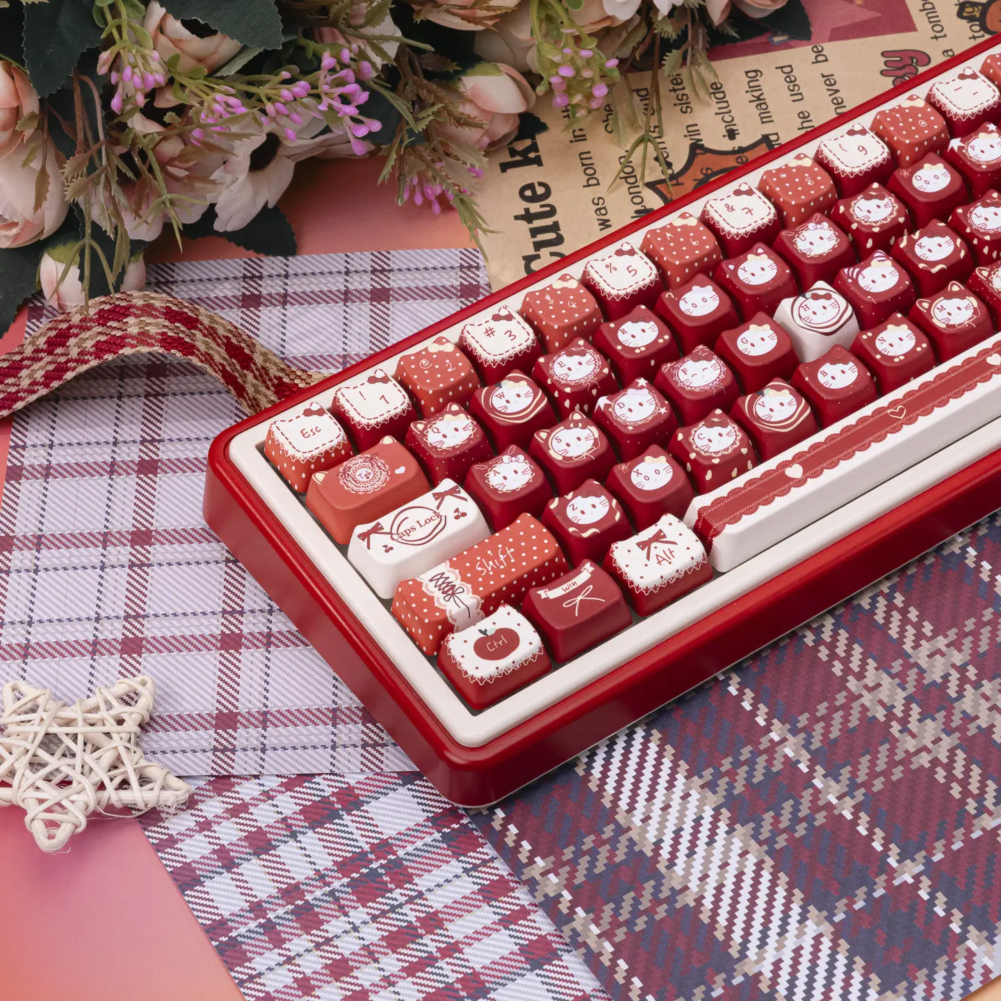 MAIMOOO Keycaps Red Velvet Cat Cute MAO Five-Sided Dye-Sublimated PBT For Customer Mechanical Keyboard Red Keycaps 129 Keys