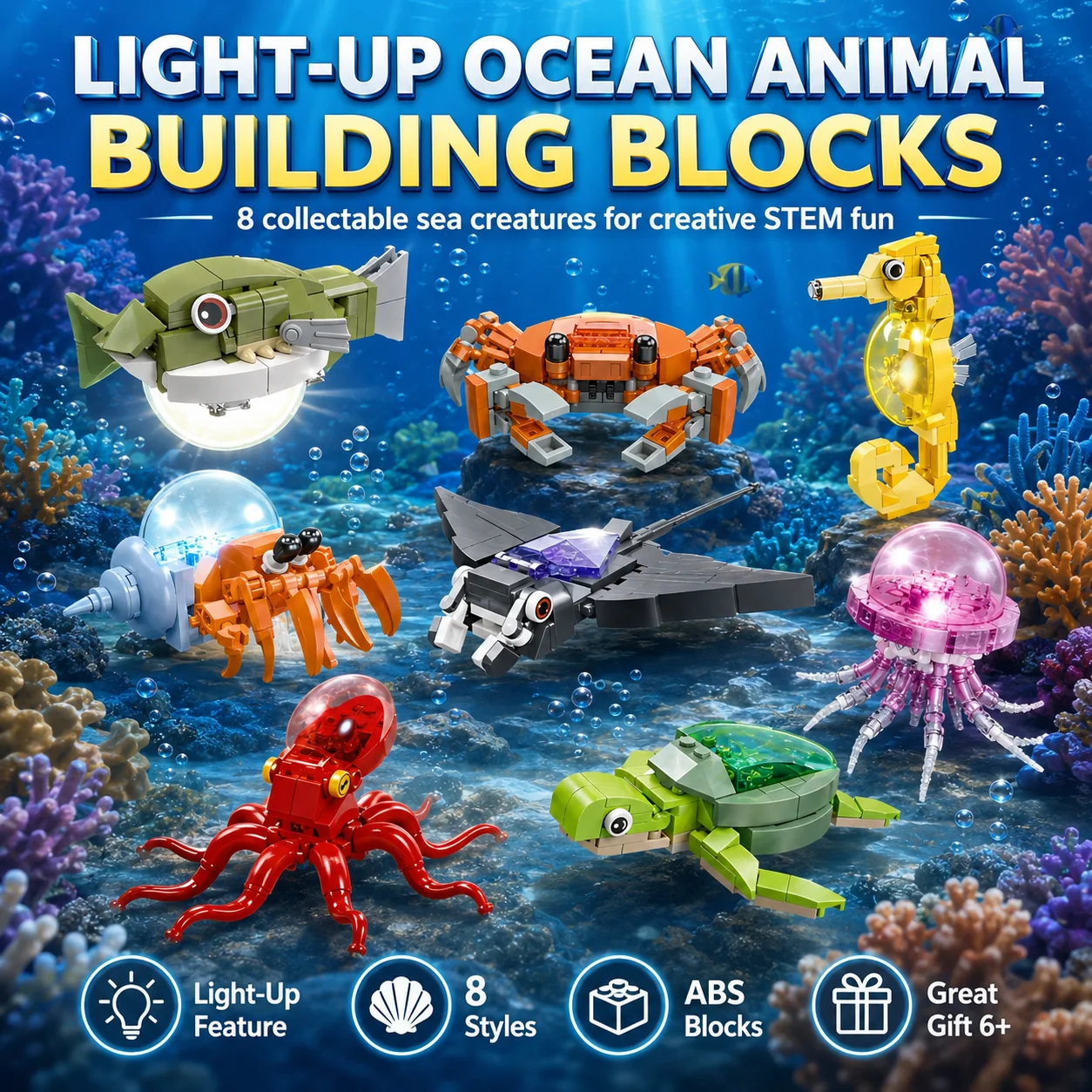Kids Education World - 3D Lighting Ocean Animals Building Blocks