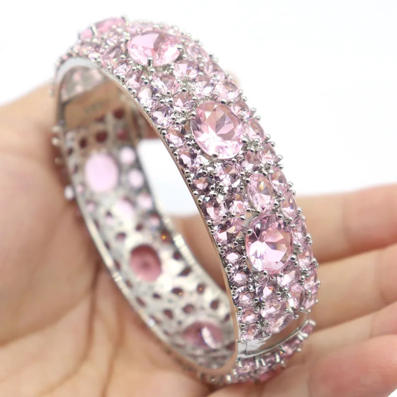

44g 925 Solid Sterling Silver Bangle Bracelet Customized Red Blood Ruby Pink Kunzite Tanzanite Smoky Topaz 7.5in