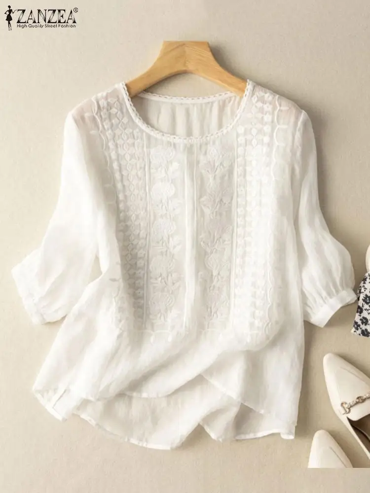 ZANZEA-camisas con bordado Floral para Mujer, blusa de ganchillo con encaje, Tops de manga con cuello redondo, Túnica informal de algodón, 3/4