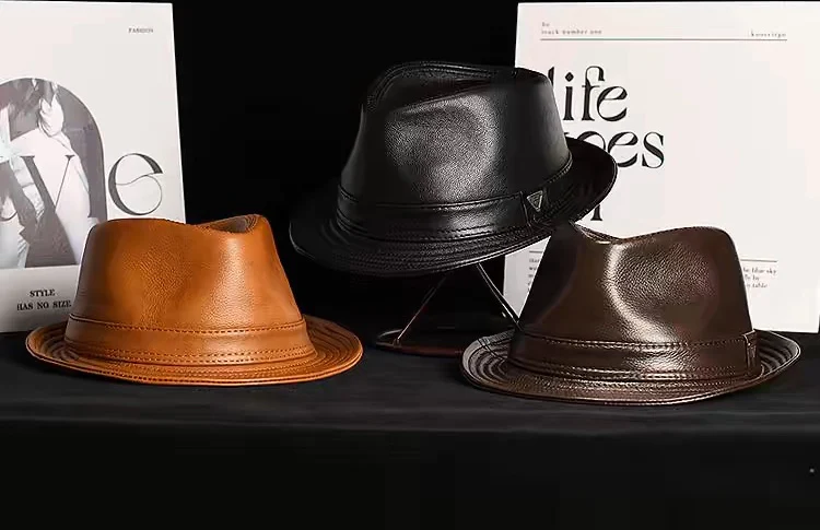 New Man High Quality Genuine Leather Cowhide Formal hat Gentleman Cow Skin Short Brim Black/Brown Top Hat Male Shows Gentleman