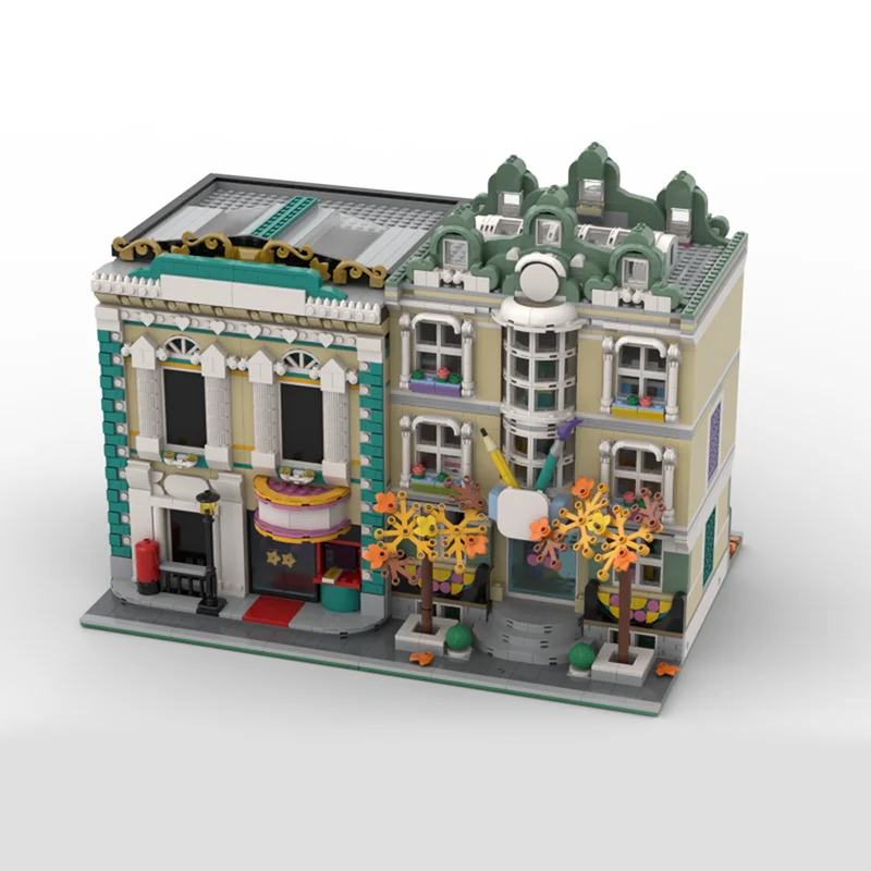 Ciudad escena de calle Moc Modular Art School Corner modelo DIY, juguete creativo para niños, regalo, bloques de construcción, MOC-103824