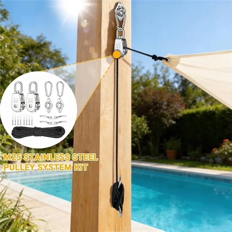 B08B-M25 Stainless Steel Pulley System Kit,Pulley Block Nylon Rope Eye Pad Plate And Hooks For Sun Shade Sail, Clothesline